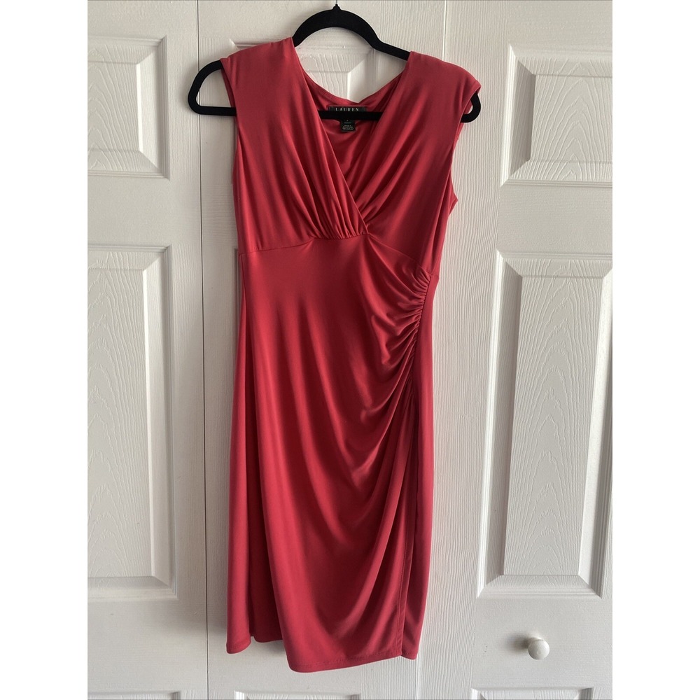 Lauren Ralph Lauren Ruched Sheath Dress Size 2 Red Faux Wrap V-Neck Jersey